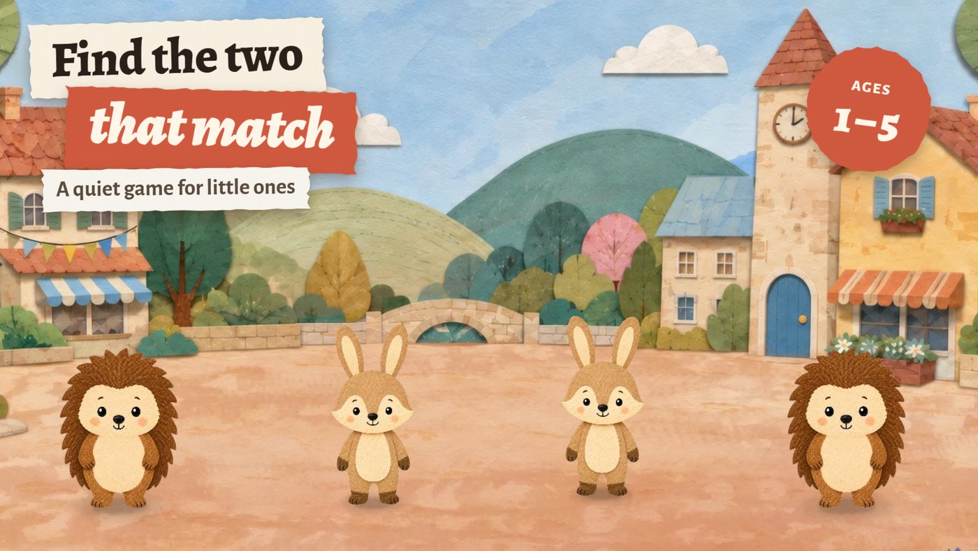 Two identical hedgehogs among rabbits in the little town — find the two that match, ages 1–5