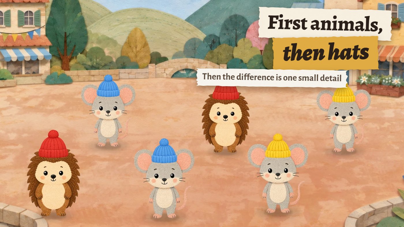 Hedgehogs and mice in different hats — first animals, then hats