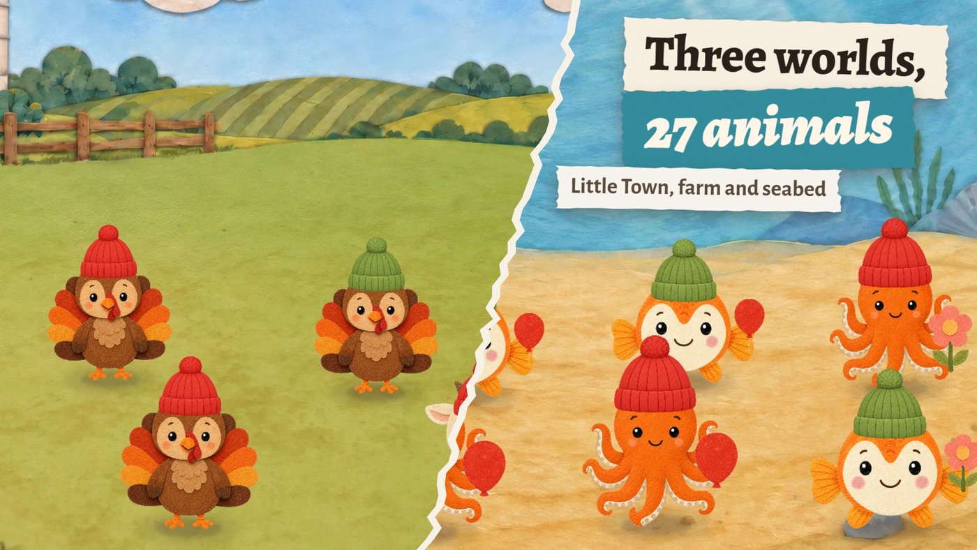 The farm and the seabed side by side — three worlds, 27 animals